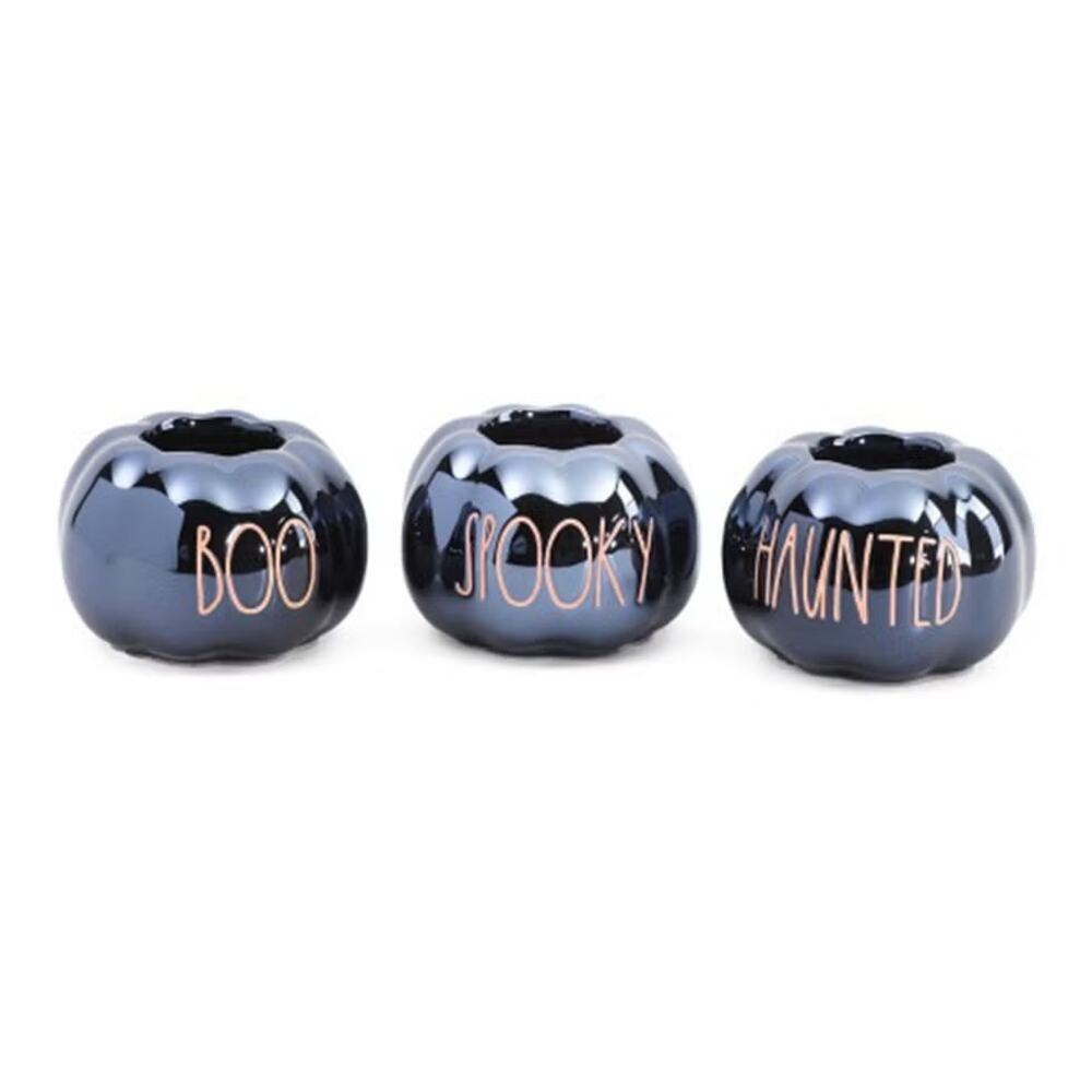 NEW Rae‎ Dunn 3-pk Ceramic Lustreware Halloween Pumpkin Tea Light Candle Holders